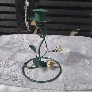 Green Floral Metal Candle Holder with Cream Flower Accents